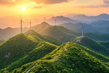 Scenic Sunset View of Wind Turbines on Lush Green Mountaintops