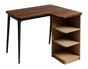 Corner desk with shelves, optimized for space in a home study.