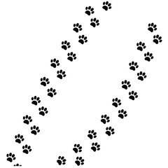 Paw vector foot trail print featuring cat, dog, and puppy silhouettes in diagonal tracks, ideal for t-shirts, backgrounds, patterns, websites, showcases, greeting cards, children's prints in eps 10.