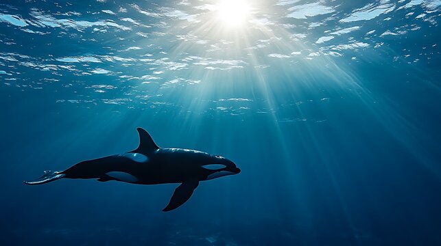 Orca swimming in the deep blue sea with sun rays penetrating the surface, creating a serene and majestic underwater scene