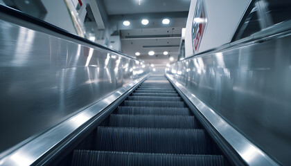 Obraz premium Medium shot capturing escalator steps moving goods upward with the environment blurred to highlight the powered stair mechanism.