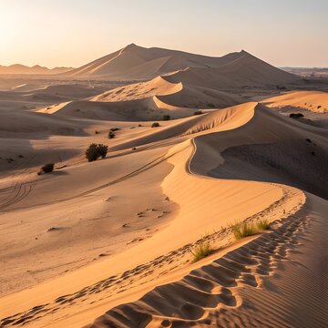 Golden Hour in Liwa Desert: Serene Sand Dunes Landscape with Tracks and Sparse Vegetation, Shifting Sands Under Soft Light, Desert Beauty, Tranquil Scene, Horizon Views, Desert Journey