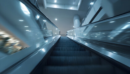 Medium shot capturing escalator steps moving goods upward with the environment blurred to highlight the powered stair mechanism.