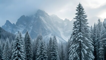 Fototapeta premium Ancient Pine Trees Covered In Heavy Frost Beneath Sharp Summits — A Timeless Alpine Winter Scene Where Weathered Giants Stand Silent Under Glittering Ice And Towering Snow‑Capped Peaks