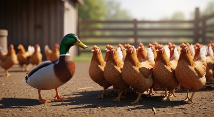 Duck and Chickens on a Farm.