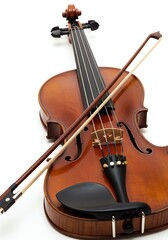 Classical Wooden Violin with Bow and Chin Rest on White Background