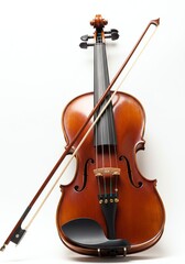 Fototapeta premium Wooden Acoustic Violin with Bow on White Background