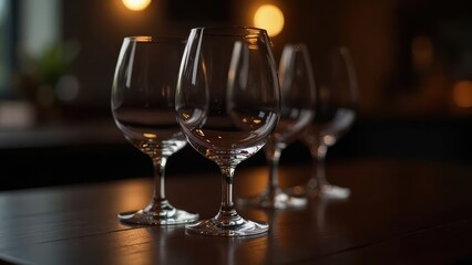 Empty Wine Glasses Lined Up on a Bar Counter.