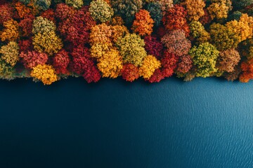Aerial View of Vibrant Autumn Forest Bordering a Calm Lake Stunning Fall Foliage Colors