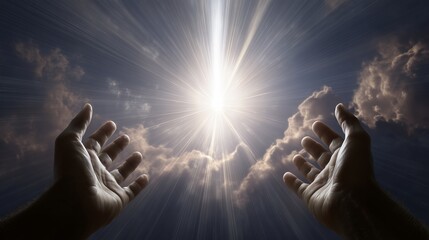Divine connection between heaven and earth with a light beam touching reaching hands in a serene sky