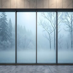 Naklejka premium Frosted Window View: Winter Forest Scene with Snow-Covered Trees and Foggy Ambiance, Winter Wonderland