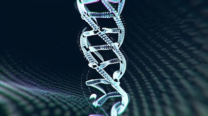 Blue-toned DNA double helix spiraling through a digital laboratory backdrop with data grid - Powered by Adobe