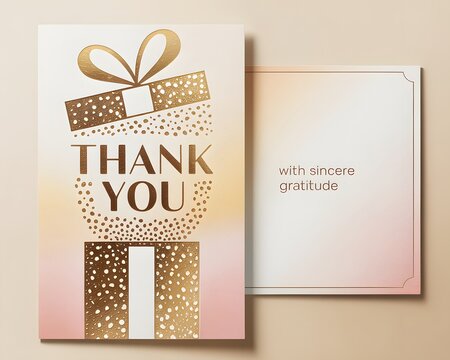 Elegant gold glitter gift box illustration with thank you text on a soft peach background for greeting cards - Powered by Adobe