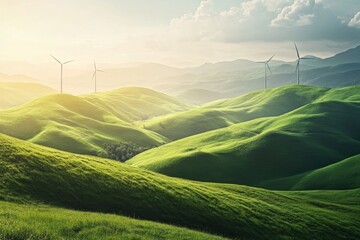 Scenic Rolling Green Hills with Wind Turbines Generating Clean Energy
