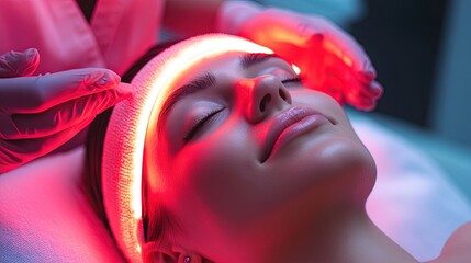 A woman relaxes with her eyes closed while receiving a professional LED light therapy facial treatment at a spa or dermatology clinic. For beauty, skincare, and cosmetic technology.