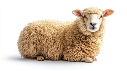 Fototapeta premium Fluffy sheep sitting on white background.