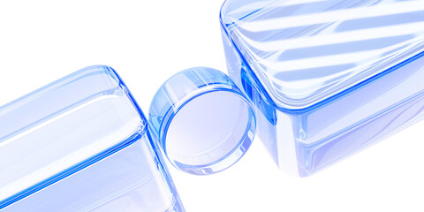 Naklejka na ściany i meble Light blue background with glass transparent circle and cubes 3d render. Abstract diagonal line pattern. Crystal glossy geometric cylinder and block shapes with refraction, wallpaper