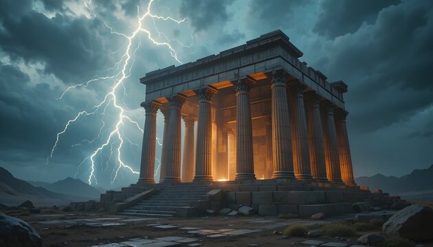 "Ancient temple reimagined in the future, lightning energy coursing through runes and pillars, electric storm sky"
