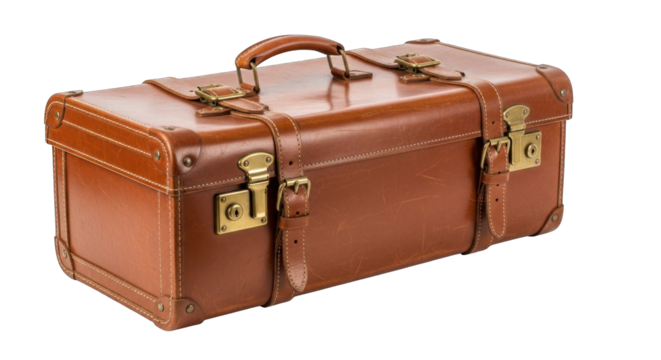Vintage brown leather suitcase with straps and buckles.