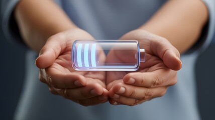 Hands gently cradle a glowing translucent rectangular prism emitting futuristic blue digital light patterns symbolizing innovation and technology