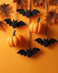 Halloween decor with mini pumpkins, leaves and bats made of black paper on a bright orange background