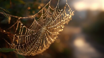 Spider web with transparent dew at dawn