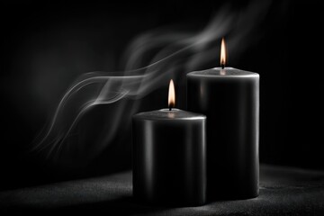 Matte black candles on a dark background with thin wisps of smoke, soft lighting and neat reflections
