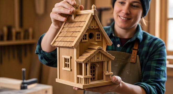 A smiling female carpenter proudly holds up a beautifully crafted wooden birdhouse in her woodworking workshop