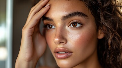 Fototapeta premium Close-up of a tired young woman rubbing her eyes, showing signs of exhaustion, stress, or eye strain from long hours of work, studying, or lack of sleep.