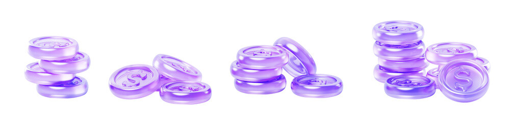 Glass holographic coin stack of different size. Crystal cash money pile 3d render set. Purple gradient currency with dollar sign. Financial wealth, profit, deposit. Game treasure icon