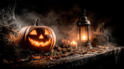 Glowing jack-o'-lantern with candlelight and lantern on dark spooky Halloween night with smoke and autumn leaves
