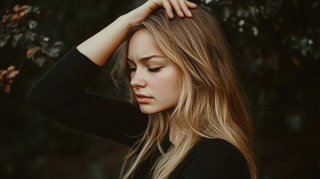 A pensive and worried young woman touches her arm, lost in thought. This portrait conveys anxiety, self-doubt, insecurity, or deep contemplation about a problem.