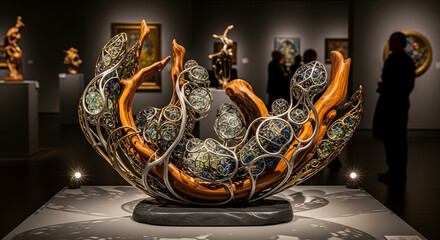An ornate mixed-media sculpture of wood metal and glass on display in a modern art gallery