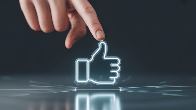 A human finger delicately touches a glowing neon blue thumbs up icon symbolizing approval and positive social media engagement