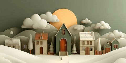 Stylized Winter Village Scene with Fluffy Clouds and Sunset Background