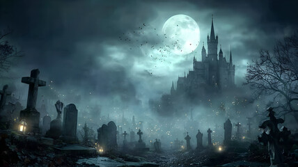 Spooky graveyard with gothic castle under full moon and misty sky, dark Halloween night horror scene
