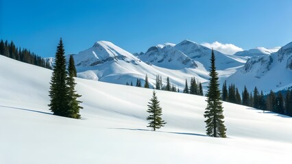 Pristine White Slopes Dotted With Lone Evergreens Under Blue Sky &mdash; A Peaceful Winter Panorama Of Soft Snow, Solitary Trees, And Expansive Alpine Calm Beneath The Bright, Endless Horizon