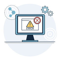 Desktop computer screen displays error message with warning symbol and red cross. System outage, data loss, connection problem graphic.