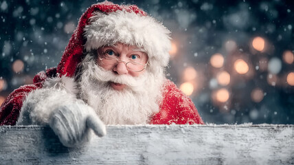 Santa Claus pointing at blank wooden sign in snowy festive scene with bokeh lights
