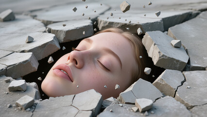 Serene woman face breaking through concrete crack. surreal concept of power, strength and breakthrough