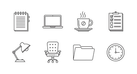 Black outline icons of office supplies including a notebook, laptop, coffee cup, checklist, desk lamp, office chair, folder, and wall clock.