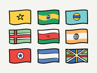 Nine Cartoon Flags Stand Out On A White Backdrop With Bold Playful Outlines