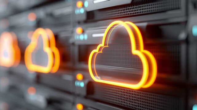 Cloud computing concept with glowing orange cloud icons on data centers hardware showing digital data storage network technology for internet services and efficient server connectivity