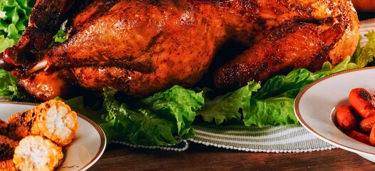 Golden roasted turkey with fresh greens and side dishes