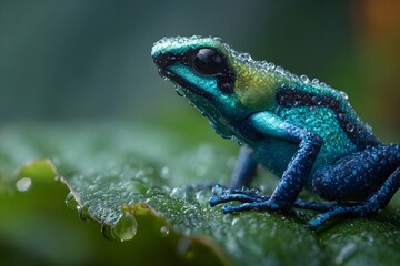 Fototapeta premium A vibrant poison dart frog clinging to a dewy leaf in a lush rainforest, water droplets sparkling on its colorful skin