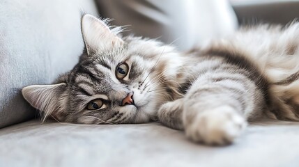 Cute tabby cat lying on a gray sofa, looking relaxed and comfortable, adorable and fluffy, domestic pet, indoor setting, closeup shot