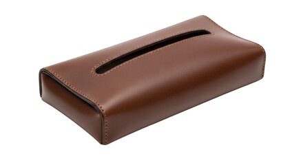 Brown Leather Tissue Box Holder Isolated on White Background.
