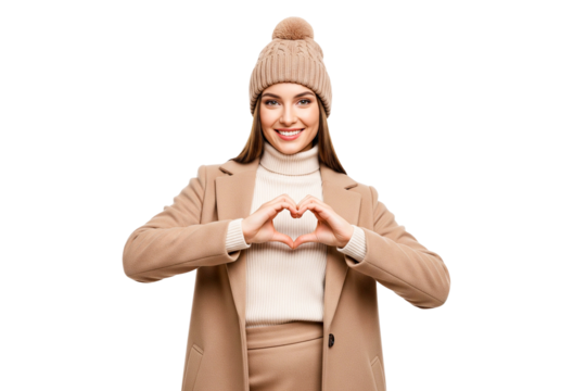 portrait of a young woman with her hands forming a heart shape isolated on white
