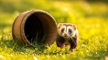 A charming ferret dashes out of a rustic wooden barrel, its nimble paws carrying it swiftly across the sundrenched green grass