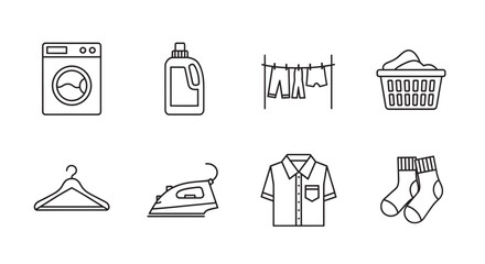 Outline icons of laundry elements including a washing machine, detergent bottle, clothesline, laundry basket, hanger, iron, shirt, and socks.